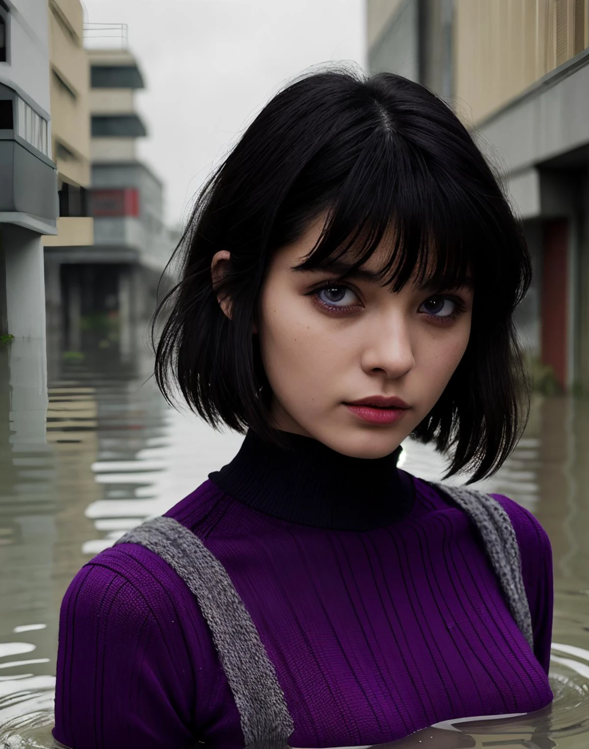 <lora:Hotaru_Tomoe_v1:1> hotarutomoe, (purple eyes), (black hair), straight bob cut, bangs,, Old abandoned futuristic city. Broken, flooded. 1Female. Scared. Front shot, (wearing a torn dirty knit Bodycon Dress:1.2). Detailed expressive sad eyes. Short bob cut hair covering one eye. Exquisite detail, Professional photo. 35mm photograph, film, bokeh, professional, dreary, photorealistic, 8k, raw, rich, intricate details, vivid dynamic colors