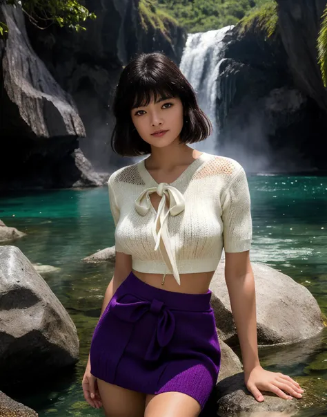 <lora:Hotaru_Tomoe_v1:1> hotarutomoe, (purple eyes), (black hair), straight bob cut, bangs,, Upper body shot, 1girl, standing in a crystal clear tropical island lagoon. Abundance of light reflecting off the water. Mist. Large waterfall and rock formation in the background. Sunny day. vibrant light. Wearing (cropped Knitted Women's Tied Top:1.2) and a skirt. Slight smirk. Perfect eyes, highly detailed beautiful expressive eyes, detailed eyes. 35mm photograph, film, bokeh, professional, highly detailed dynamic lighting, photorealistic, 8k, raw, rich, intricate details, key visual, vivid colors