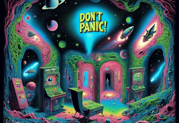 DonMD0n7P4n1cXL, text "DON'T PANIC!", hyper detailed masterpiece, dynamic realistic digital art, awesome quality,historical context,sustainable abyssal depths,vivid the catacombs of dreaming books screen-space reflections,heliocentric, digital sensors,serene,inviting,beaches,deadline  <lora:DonMD0n7P4n1cXL:1>