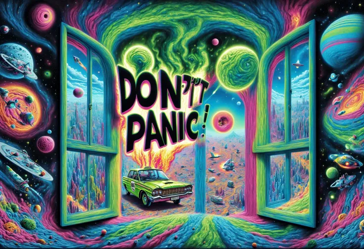 DonMD0n7P4n1cXL, text "DON'T PANIC!", hyper detailed masterpiece, dynamic realistic digital art, awesome quality,ignition shangri-la,noisome plateau,wide skies caldera transmittance,temporal paradoxe, window shopping,modern architecture,brilliant,healthcare,responsive <lora:DonMD0n7P4n1cXL:1>