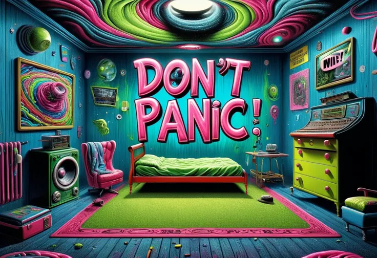 DonMD0n7P4n1cXL, text "DON'T PANIC!", hyper detailed masterpiece, dynamic realistic digital art, awesome quality,bulky auction hall,seafaring cottage,quixotic prospect color grading,lorenz attractor, intense,ghastly,shady,apparitional,creative pursuits,open spaces <lora:DonMD0n7P4n1cXL:1>