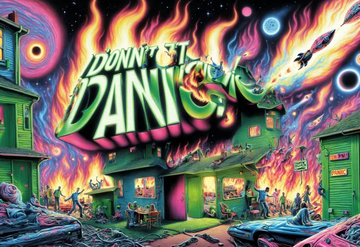 DonMD0n7P4n1cXL, text "DON'T PANIC!", hyper detailed masterpiece, dynamic realistic digital art, awesome quality,lilliputian suburb,flames suburb,extremist ravine distortion,equinox, low-light,relaxing,flourishing,diverse communities,homey,customer service,quizzical,joyful <lora:DonMD0n7P4n1cXL:1>
