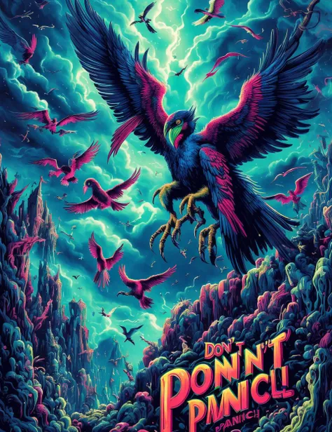 DonMD0n7P4n1c, text \"DON'T PANIC!\", witch, mix of human and bird features, humanoid upper body, sharp claws, feathery wings, powerful, , varied coloration, distinctive and eerie screeching, stormy weather and winds, vengeance, punishment, wild, predatory, malevolent , <lora:DonMD0n7P4n1c:0.8>