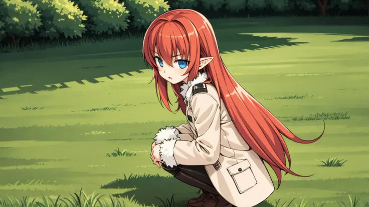 toona,1girl, solo,pointy ears,long hair,fur trim, long sleeves, expressionless, coat,squatting,sunny,on grass,blue sky, <lora:ToonaimageTEST:0.35>