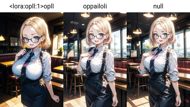 <lora:add_brightness:0.5><lora:add_detail:0.5><lora:pnxWaitress:0.7><lora:opll:1>opll,
1female, breast, ;d, blush, forehead, hair, glasses, Waitress, shirt, necktie, standing,
cafe,depth of field,,moody lighting,
looking at viewer, straight-on,
sfw