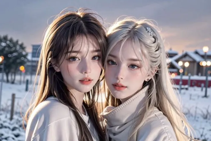 Two people, 1 girl, 1 boy, face to face, handsome boy, cold white skin, flaxen hair,, beautiful girl, cold white skin, white hair, long hair with slight curls, delicate features, perfect figure, campus, night sky,