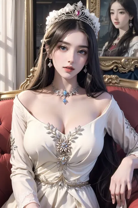 1 Girl, sitting on the classical European sofa, white skin, black hair, long hair with slight curls, exquisite and beautiful big eyes, exquisite features, detailed features, exquisite and gorgeous uniform inlaid with gems, perfect figure,gorgeous classical European study, exquisite and gorgeous furnishings,<lora:CM-mix_V1lora:1>