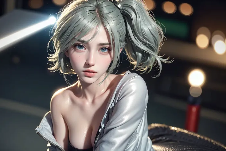 1girl, delicate and beautiful features, grey-green hair, high ponytail, cool laser texture jacket, silver metallic texture chest, black tight leather pants, perfect body proportion, long legs, night, busy neighborhood,
realistic,8K Ultra Detailed,High quality texture,detailed texture,finely detailed,high detail,extremely detailed cg,High quality shadow,beautiful face,Detailed beautiful delicate eyes, DOF, beauiful woman,smaller breast,