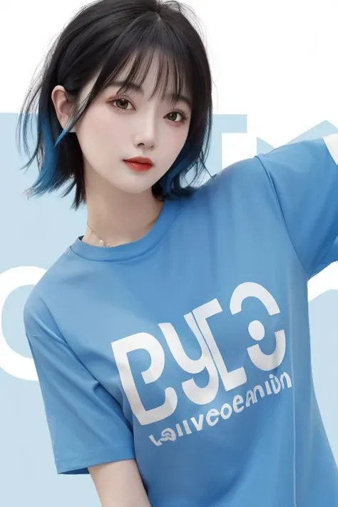masterpiece, best quality, ((pure blue background)),  black hair, floating hair, blush, looking at viewers, white T-shirt, happy, ((front)),upper body, close-up,
<lora:cmMix_v10:0.6>