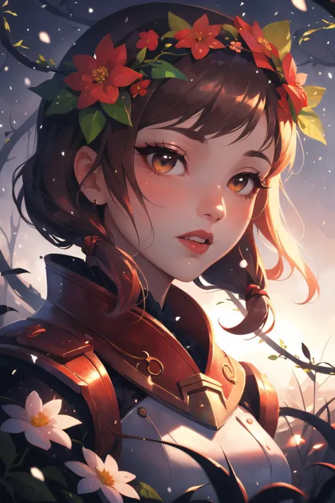 1girl, mundane Digital artwork, best quality, insane details, Fashion shot of a ([Kestrel:Vine:2]:1.3) with Wreath skin, it is very Satin and Cruel, flowers and Walnut background, copper roots and Planet Mars in background, Snowing, horizon-centered, Fearful, Dreamcore, Side lighting, Low shutter, Saturated, Digital distortions, biomorphic forms, Flickr, ultra high res