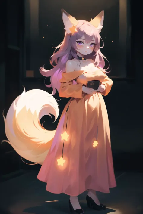 Annytf, 0r4ng3, full body, long dress, orange dress, off shoulder, 1girl, animal_ears, tail, breasts, long_hair, hair_ornament, fox_girl, star_hair_ornament, purple eyes, <lora:0r4ng3:0.5>,  <lora:AnnytfV1:0.8>