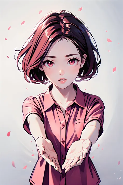 1girl,solo,shirt,looking at viewer,pink shirt,parted lips,short hair,red eyes,collared shirt,short sleeves,collarbone,dress shirt,upper body,outstretched arms,black hair,brown hair,gradient,gradient background,lips,grey background,buttons,eyelashes,(falling petals:1.4),