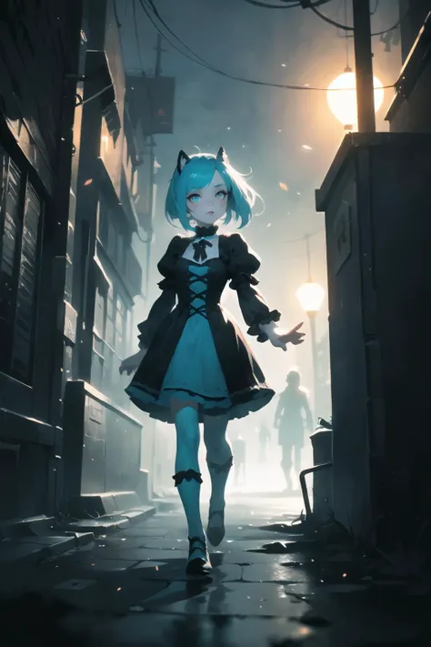 (walk), BREAK     young female,     hair,   cyan eye,            delicate tiny breasts,   (rainbow victorian dress),  (dark fantasy), dark aura, dust, black particles, (fog), (street, underworld street:1.2), underground dark city,