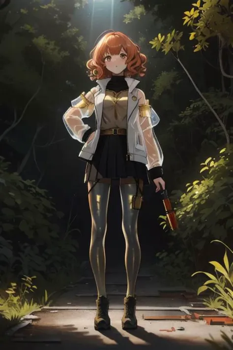 full body, a girl, a pretty woman, curly hair, short copper-colored hair tinged with gold, white coat, blue see-through skirt, see-through leggings, she is standing near (one rusted damaged military tanks), rushed Dilapidated collapsed military facility, overgrown by vines weeds, shaded by greenery, green water submerged, tree canopy, elegant sunlit, weak light and shadows,