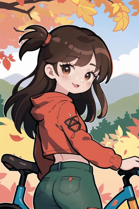 (best quality, masterpiece:1.1),  <lora:marikyuun:0.6>, marikyuun,  close up, from below, looking outside,  looking down, (1female), emotionless face, brown hair, long hair, pointy hair,   one side up,     red Hoodie, red Long Sleeve crop top, big black cargo pants, ( store, pretty bicycle next to the house, many peoples in the cafe, happy and fun party, autumn season, In the forest with gorgeous autumn leaves, gorgeous brown mountains),