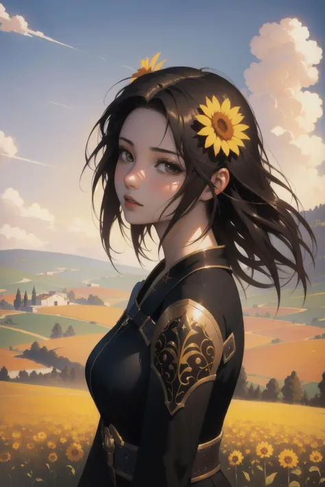 1girl, landscape of a (The Spanish Countryside:1.2) , it is very Basic, flowers, Sun in the sky, dark art, (stylized by Tomasz Alen Kopera:1.1) , Fine art, Mono Color