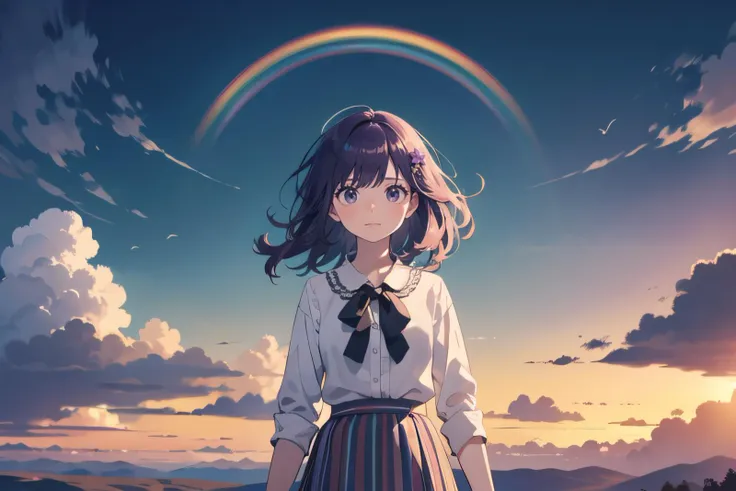 cowboy shot,   (facing down:1.2),  (1female), benevolent face, purple hair, medium hair, messy hair,        (white blouse, rainbow skirt),  (best quality, masterpiece, scenery:1.1),