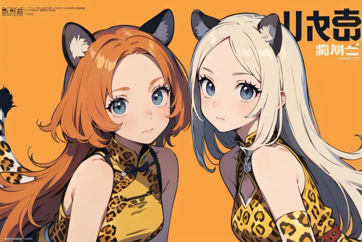 close up,   (facing up:1.2),  (1female), earnest face, orange hair, very long hair, messy hair, forehead,    orange colored big hair ribbon, (animal ears, leopard ears, (leopard skin, leopard)),  Chinese Tassel Belt, Bare Shoulders Chinese Side Slit Dress, Pelvic Curtain,  (magazine, magazine cover background, simple background:1.1), (china, chinese culture),  (best quality, masterpiece, scenery:1.1),