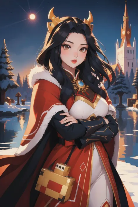1girl, Digital art, Jirayu, ð¥³, wearing Fur Cloak from the Romantic Era, at Nighttime, Regret, Minecraft, designed by Dan Mumford and Artgerm, artistic