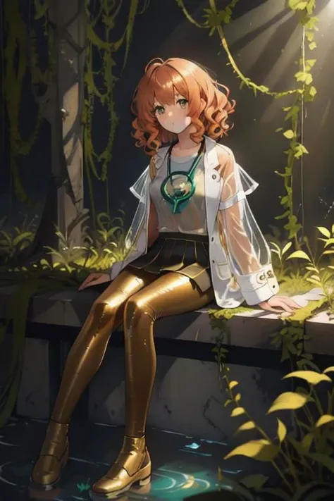 full body, a girl, a pretty woman, curly hair, short copper-colored hair tinged with gold, white coat, blue see-through skirt, see-through leggings, she is sitting in rushed Dilapidated collapsed manufacture facility room, overgrown by vines weeds, shaded by greenery, green water submerged, tree canopy, elegant sunlit, weak light and shadows,