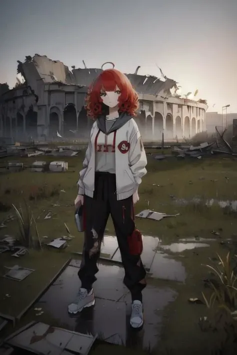 full body, (1female), 1girl, close up, face focus, boring face, red hair, short hair, curly hair, hoodie and school uniform, pants, flood, water, grass, (dilapidated Stadium, desolated buildings, collapsed Stadium, destroyed abandoned Stadium), baseball, festive, crowd, (best quality, masterpiece, scenery:1.1),