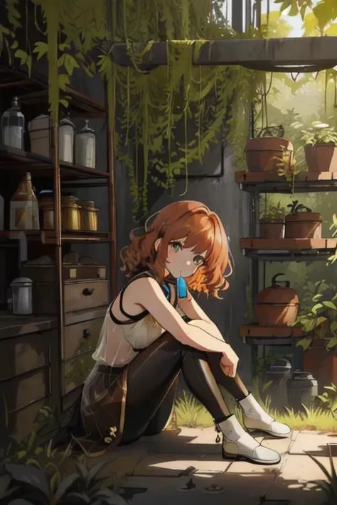 full body, a girl, a pretty woman, close up, face focus, curly hair, short copper-colored hair tinged with gold, white coat, blue see-through skirt, see-through leggings, she is sitting in rushed Dilapidated collapsed manufacture facility steel room, rusted steel pipes, rusted iron barrels, rusty iron trusses and shelves, rusted steel pipes, rusted iron barrels, rusted iron trusses and shelves, small containers and drink cans scattered all over the floor, damaged floors with potholes, dripping waters, overgrown shrubs, overgrown by vines weeds, shaded by greenery, green water submerged, grass, tree canopy, elegant sunlit, weak light and shadows,