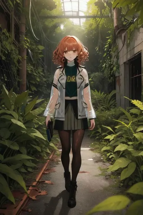 full body, a girl, a pretty woman, curly hair, short copper-colored hair tinged with gold, white coat, blue see-through skirt, see-through leggings, she is standing near (Several rusted damaged military tanks), rushed Dilapidated collapsed military facility, overgrown with vines and weeds and shaded by greenery, green water submerged, tree canopy, elegant sunlit, weak light and shadows,