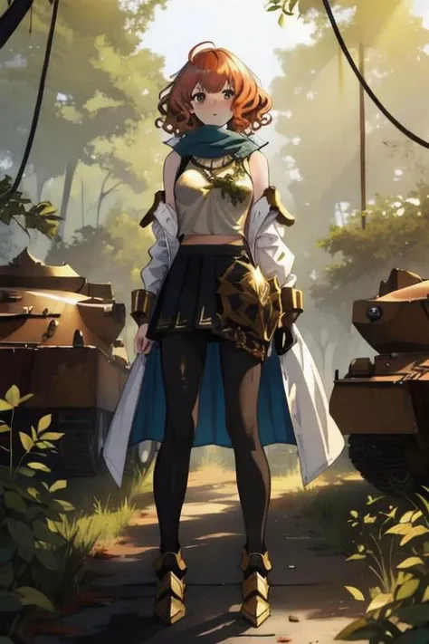 full body, a girl, a pretty woman, curly hair, short copper-colored hair tinged with gold, white coat, blue see-through skirt, see-through leggings, she is standing near (Several rusted damage M1 Abram tanks, armored vehicles), overgrown with vines and weeds and shaded by greenery, green water, tree canopy, elegant sunlit, weak light and shadows,