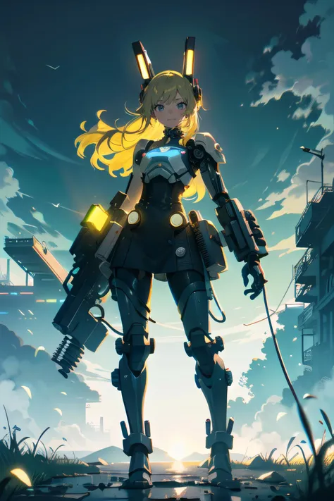 full body,     (1female), happy face, yellow hair, absurdly long hair, curly hair,         one piece dress,  Peaceful Blue Sky, White Clouds, In The Hillside Wildflowers, (Bunny Tail Grass), Light Rays, (Swaying In The Breeze:1.2), (punk, future, futuristic, mechanical,  cyberpunk, neon, grey neon light, mechanical parts, intricate machines:1.2), mecha musume, machinery, exoskeleton, exosuit, mechanical boots, headgear, weapon arms, jetpack, cable, wire, (best quality, masterpiece, scenery:1.1), <lora:spotlight:0.5>, silhouette, dark theme,