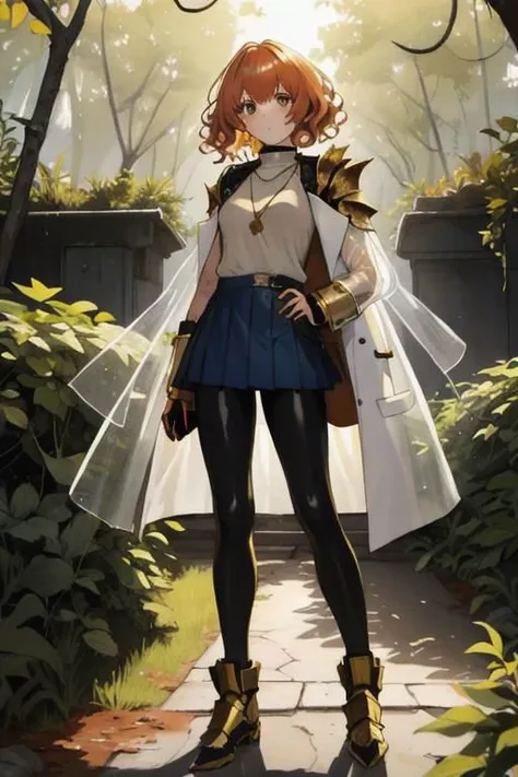 full body, a girl, a pretty woman, curly hair, short copper-colored hair tinged with gold, white coat, blue see-through skirt, see-through leggings, she is standing near (Several rusted damage M1 Abram tanks, armored vehicles), overgrown with vines and weeds and shaded by greenery, green water, tree canopy, elegant sunlit, weak light and shadows,