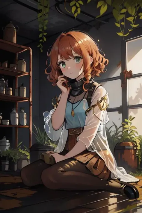 full body, a girl, a pretty woman, close up, face focus, curly hair, short copper-colored hair tinged with gold, white coat, blue see-through skirt, see-through leggings, she is sitting near rushed Dilapidated collapsed manufacture facility, rusted steel pipes, rusted iron barrels, rusty iron trusses and shelves, rusted steel pipes, rusted iron barrels, rusted iron trusses and shelves, small containers and drink cans scattered all over the floor, damaged floors with potholes, dripping waters, Water dripping from the roof, overgrown shrubs, overgrown by vines weeds, shaded by greenery, green water submerged, grass, tree canopy, elegant sunlit, weak light and shadows,