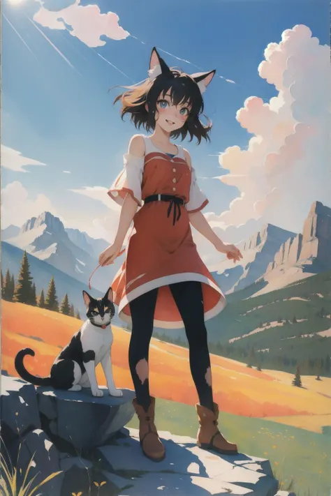 1girl, [ (art by Art Spiegelman:1.2) : Davide Sasselli:10], Anime, Cartoon, Water color painting of a Happy, Handsome Monstrous Cornish Rex Cat, near Rugged Rocky Mountain National Park, Fine art, Confused, Hypersaturated, Crepuscular Rays