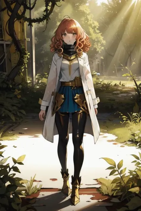 full body, a girl, a pretty woman, curly hair, short copper-colored hair tinged with gold, white coat, blue see-through skirt, see-through leggings, she is standing near (Several rusted damage M1 Abram tanks,  armored vehicles), rushed Dilapidated collapsed military facility, overgrown with vines and weeds and shaded by greenery, green water, tree canopy, elegant sunlit, weak light and shadows,