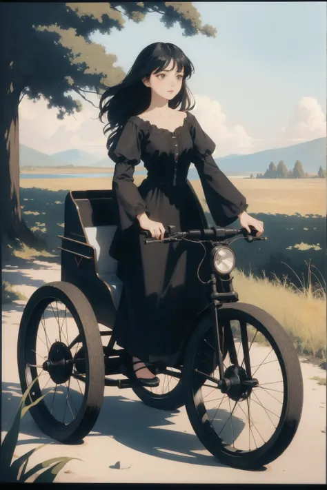 1girl, On pale black paper, eye-level shot of 3 wheeled vehicle, Dreadful and Primordial, nature in background, Fairy-Tale, 800mm lens, Autochrome, organic