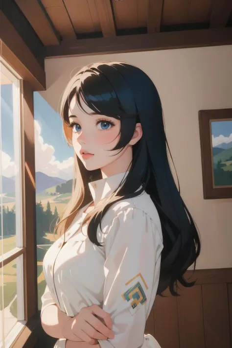 1girl, award winning, landscape of a Romantic [Manor|Rainforest] from inside of a Ranch house, Clear skies, Ultra Real, Suffering, Glowwave, natural lighting, F/2.8, Decals, landscape art designed by Jack Hughes