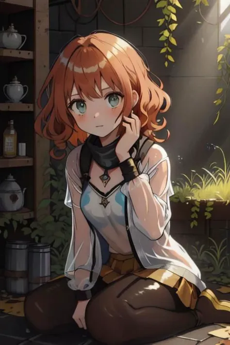 full body, a girl, a pretty woman, close up, face focus, curly hair, short copper-colored hair tinged with gold, white coat, blue see-through skirt, see-through leggings, she is sitting in rushed Dilapidated collapsed manufacture facility steel room, rusted steel pipes, rusted iron barrels, rusty iron trusses and shelves, rusted steel pipes, rusted iron barrels, rusted iron trusses and shelves, small containers and drink cans scattered all over the floor, damaged floors with potholes, dripping waters, Water dripping from the roof, overgrown shrubs, overgrown by vines weeds, shaded by greenery, green water submerged, grass, tree canopy, elegant sunlit, weak light and shadows, canopy, sunlit, weak lights and shadows,