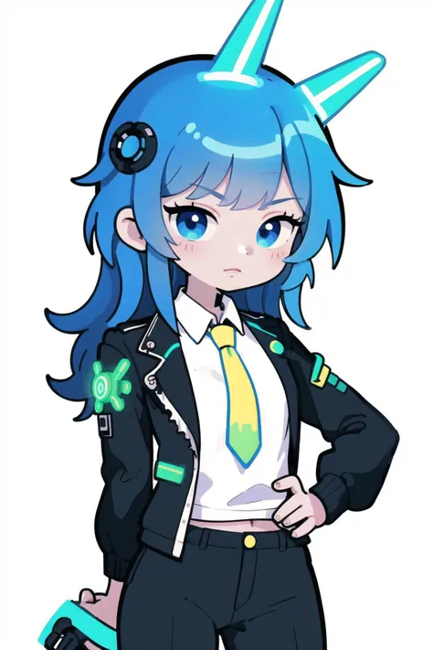 (best quality, masterpiece:1.1), <lora:marikyuun:0.6>, marikyuun, full body, (1female), arrogant face, silver hair, long hair, messy hair, School Pullover Sweater, Blue School blazer Jacket With Button, Long Sleeves, pants, Neck Tie Ribbon, , White Socks, Brown Uwabaki, (white background:1.3), ((punk, future, futuristic, mechanical, cyberpunk, neon, yellow neon light, mechanical parts, intricate machines:1.2), )