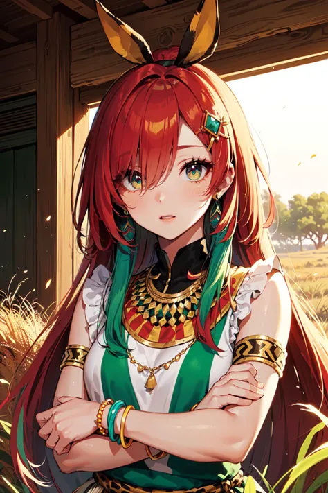 (best quality, masterpiece:1.1), upper body, looking at viewer, staring, (facing down:1.2), (1female), surprised face, crimson hair, very long hair, hair over eyes, green colored big hair ribbon, african clothes, jewelry, hair ornaments, arm bracelet, (tribe, tribal:1.2), (colorful african garage, savana, (dry, yellow grass land), indoors, dust, white particles),