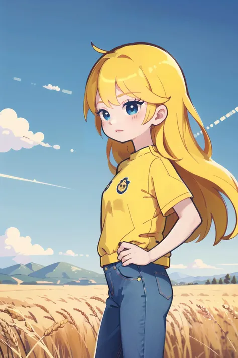 (best quality, masterpiece:1.1), <lora:Better light:0.5>, <lora:marikyuun:0.6>, marikyuun, upper body, sideview, looking up, (1female), irritating face, yellow hair, absurdly long hair, pointy hair, Casual jeans, shirts, sneakers, sportswear and athleisure elements, ( (scarecrow), (crows are filling the sky), wheat field),