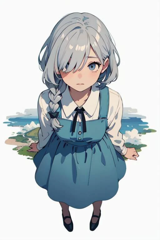 full body, from above,   looking down, (1female), lonely face, grey hair, medium hair, hair over eyes,   braid,    sky blue dress, (white background:1.3),  (best quality, masterpiece, scenery:1.1),