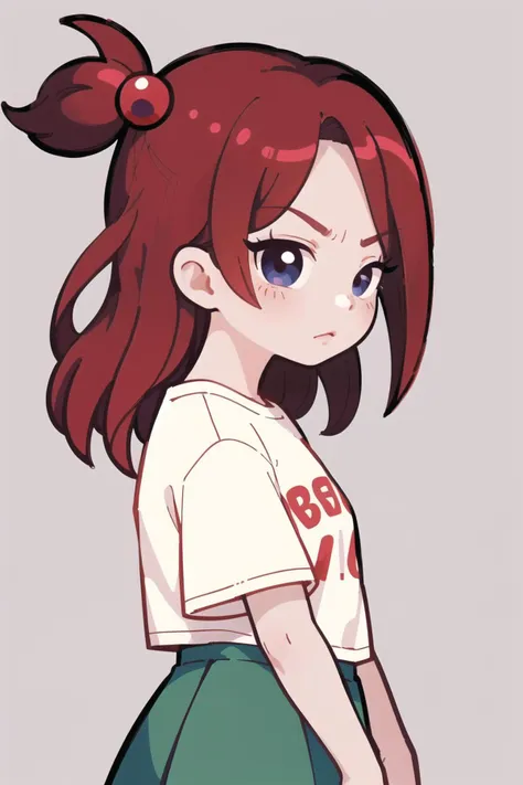 (best quality, masterpiece:1.1),  <lora:marikyuun:0.6>, marikyuun,  full body, sideview,    (1female), angry face, crimson hair, medium hair, hair over one eye,     hair ornaments,   casual fashion, (young fashion), (t-shirts), (long white skirt),