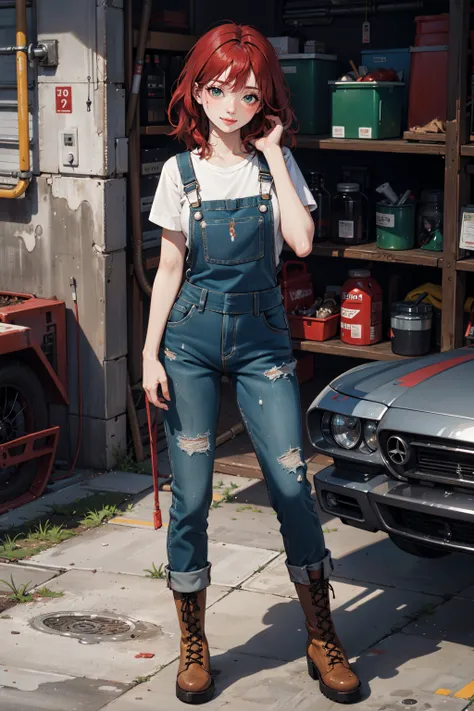 (masterpiece, best quality), fullbody, solo, ultra high res, 1girl, 35yo, beautiful face, smile, dark red hair, Choppy layers, green eyes, asymmetrical hair, perfect slim body, medium breasts, mechanic, worn out dungarees, working boots, (oil splashes on face), (oil stains), dirt, cute, look at viewer, solo, best quality, ultra high res, ultra detailed, background garage