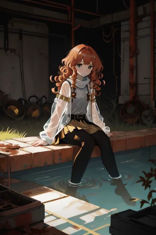 full body, a girl, a pretty woman, curly hair, short copper-colored hair tinged with gold, white coat, blue see-through skirt, see-through leggings, she is sitting in rushed Dilapidated collapsed manufacture facility steel room, rusted steel pipes, rusted iron barrels, rusty iron trusses and shelves, small containers scattered all over the floor, damaged floors with potholes, overgrown by vines weeds, shaded by greenery, green water submerged, tree canopy, elegant sunlit, weak light and shadows,