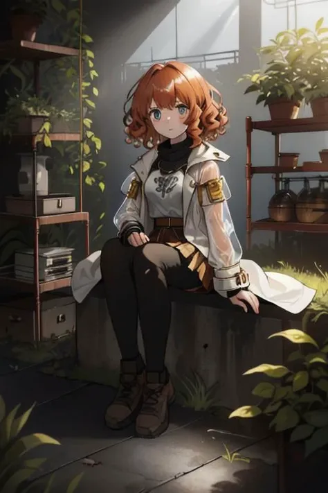 full body, a girl, a pretty woman, close up, face focus, curly hair, short copper-colored hair tinged with gold, white coat, blue see-through skirt, see-through leggings, she is sitting in rushed Dilapidated collapsed manufacture facility steel room, rusted steel pipes, rusted iron barrels, rusty iron trusses and shelves, rusted steel pipes, rusted iron barrels, rusted iron trusses and shelves, small containers and drink cans scattered all over the floor, damaged floors with potholes, dripping waters, Water dripping from the roof, overgrown shrubs, overgrown by vines weeds, shaded by greenery, green water submerged, grass, tree canopy, elegant sunlit, weak light and shadows, tree canopy, elegant sunlit, weak light and shadows,