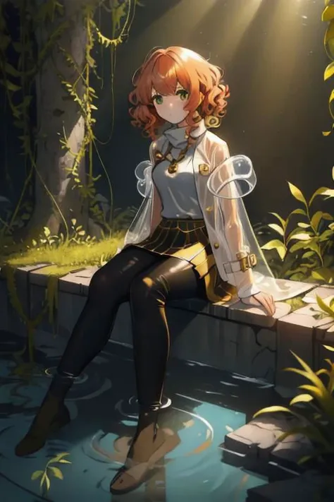 full body, a girl, a pretty woman, curly hair, short copper-colored hair tinged with gold, white coat, blue see-through skirt, see-through leggings, she is sitting in rushed Dilapidated collapsed manufacture facility room, overgrown by vines weeds, shaded by greenery, green water submerged, tree canopy, elegant sunlit, weak light and shadows,