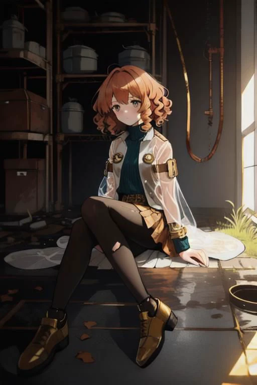 full body, a girl, a pretty woman, curly hair, short copper-colored hair tinged with gold, white coat, blue see-through skirt, see-through leggings, she is sitting in rushed Dilapidated collapsed manufacture facility steel room, rusted steel pipes, rusted iron barrels, rusty iron trusses and shelves, small containers scattered all over the floor, damaged floors with potholes, overgrown by vines weeds, shaded by greenery, green water submerged, tree canopy, elegant sunlit, weak light and shadows,