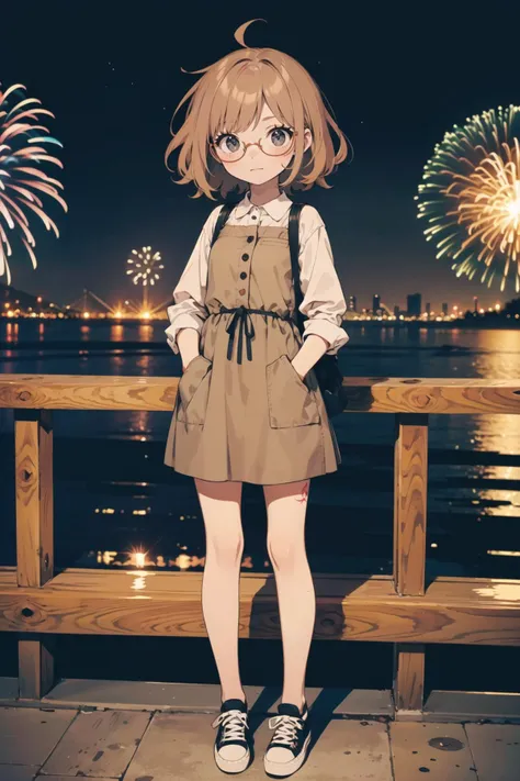 hands put in pockets,     chibi female,  golden messy  hair,        glasses,      tattoo and body tattoo,  lovely medium small breasts,   BREAK  converse shoes, young fasion, modern fasion, (short brown dress), wallet,  (night), city, cityscape, (glitters, firework:1.2),   BREAK (best quality, masterpiece:1.1),