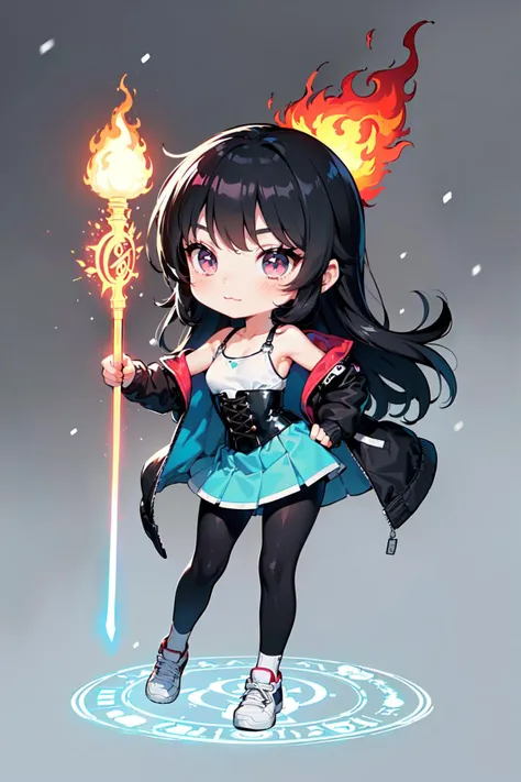 (best quality, masterpiece:1.1), close up, looking up, (magic staff, (holding magic staff), enchant, magic circle, dynamic pose), (intence flame:1.2), flame tornado, (red flame magic), magician, (flame swirling around the character), (flame around staff:0.8), flame particles, (1female), (solo:0.8), (chibi), lovely small breasts, :3, hot pink eye, black hair, long hair, spiked hair, (cyan victorian dress, corset), (oversized tank top), (muscular:0.6), socks, sneakers, leggings, (grey background:1.3), (jacket, winter, snow, snowing, white particles),