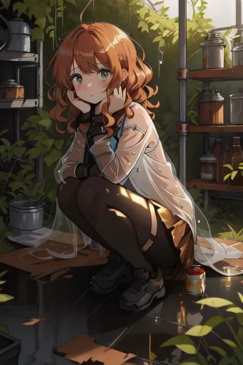 full body, a girl, a pretty woman, close up, face focus, curly hair, short copper-colored hair tinged with gold, white coat, blue see-through skirt, see-through leggings, she is sitting in rushed Dilapidated collapsed manufacture facility steel room, rusted steel pipes, rusted iron barrels, rusty iron trusses and shelves, rusted steel pipes, rusted iron barrels, rusted iron trusses and shelves, small containers and drink cans scattered all over the floor, damaged floors with potholes, dripping waters, Water dripping from the roof, overgrown shrubs, overgrown by vines weeds, shaded by greenery, green water submerged, grass, tree canopy, elegant sunlit, weak light and shadows, shaded by greenery