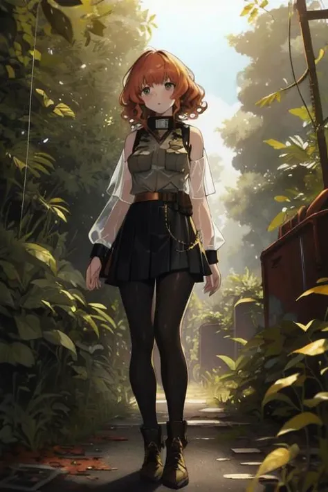 full body, a girl, a pretty woman, curly hair, short copper-colored hair tinged with gold, white coat, blue see-through skirt, see-through leggings, she is standing near (Several rusted damage military tanks and armored vehicles), rushed Dilapidated collapsed military facility, overgrown with vines and weeds and shaded by greenery, green water, tree canopy, elegant sunlit, weak light and shadows,
